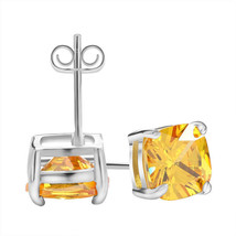 8MM Cushion Cut Yellow AAA Zircon Earrings Stud Silver Color Party Cocktail - £6.26 GBP