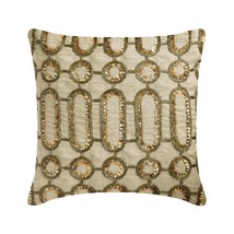 Beige and Gold Linen Beaded and Sequins 16&quot;x16&quot; Throw Pillow Cover, Golden Curl - £37.76 GBP+