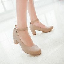 Women Pumps Round Toe Solid Thick Square Medium Heel Buckle Lolita Shoes Ankle S - £43.84 GBP