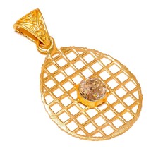 Crystal Quartz Circle Faceted Gemstone Gold Plated Handmade Filigree Pendant - £9.58 GBP