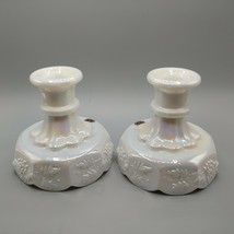 Pair Hand Made Authentic Westmoreland Glass Candlestick Iridescent Sticker 4&quot;H - £13.13 GBP