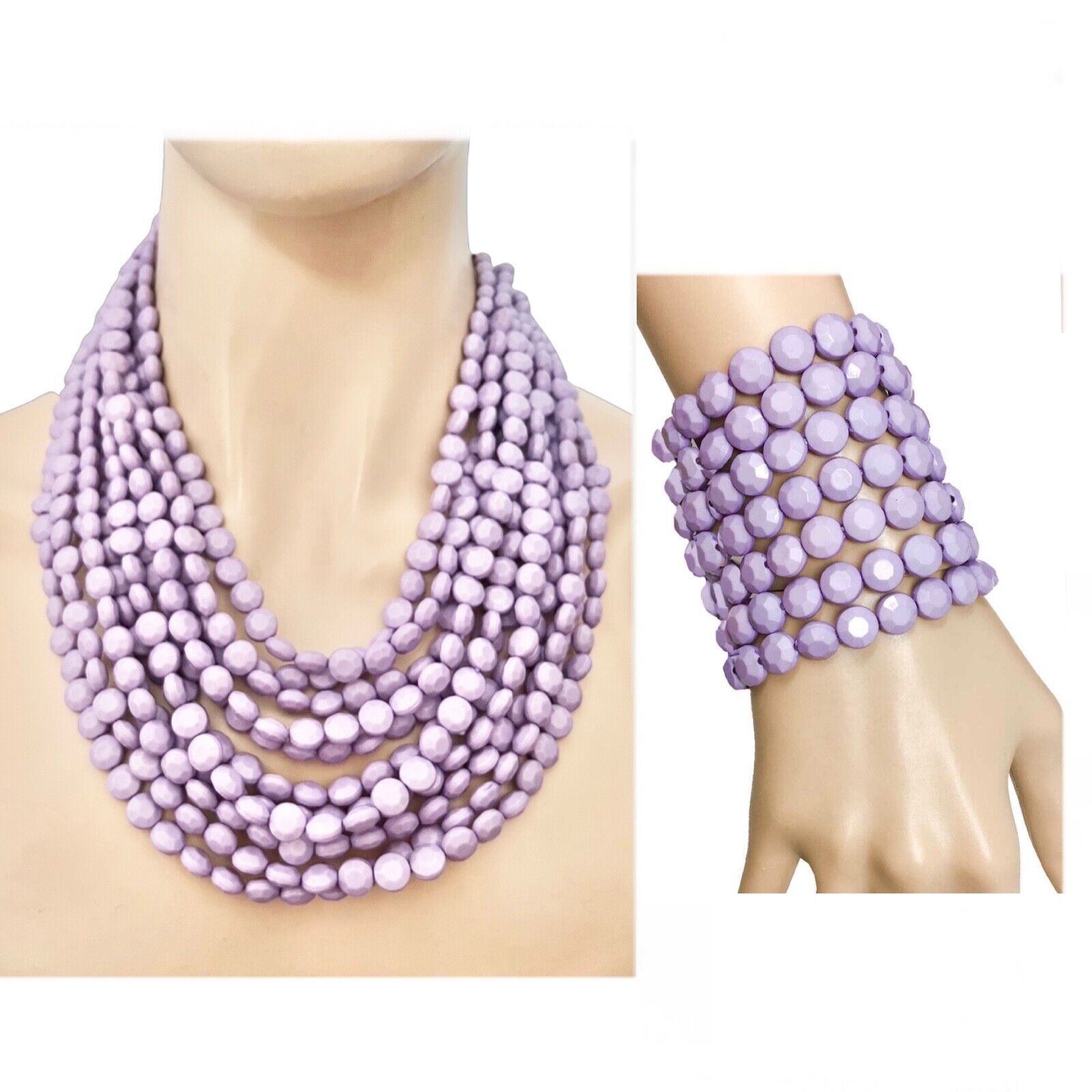 Multilayer Multi-rolls Lavender Beads Statement Necklace Bracelet Earrings Set - $39.90