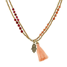 Gleaming  Quartz Hand of Hamsa Orange Tassel Brass Bead Necklace - $12.12