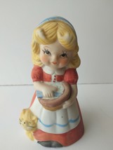 Vintage Jasco 1978 bell figurine porcelain Lori girl holds pastry basket cat 4&quot; - £11.10 GBP