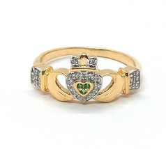 14K Gelb Vergoldet Labor Erstellt Smaragd &amp; Diamant Klaster Claddagh Promise - £56.76 GBP