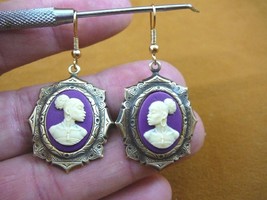 CAE1-40) Rare African American Lady Ivory + Purple Cameo Dangle Earrings Jewelry - £18.37 GBP