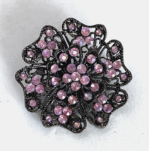 Pink Crystal Rhinestone Dark Metal Flower American Gothic Brooch 1.7in - £11.68 GBP