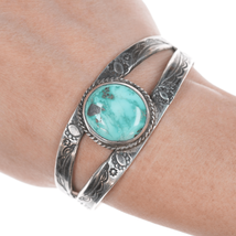 6.5&quot; c1930&#39;s Navajo Hand stamped ingot silver cuff bracelet with turquoise - £558.09 GBP