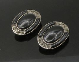 925 Silver  - Vintage Black Onyx &amp; Marcasite Non Pierce Drop Earrings - EG10988 - £69.31 GBP