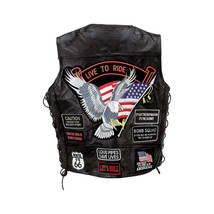 Buffalo Leather Biker&#39;s Vest with 14 Embroidered Cloth Patches American Eagle - £40.58 GBP