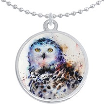 Watercolor Owl Round Pendant Necklace Beautiful Fashion Jewelry - £8.63 GBP