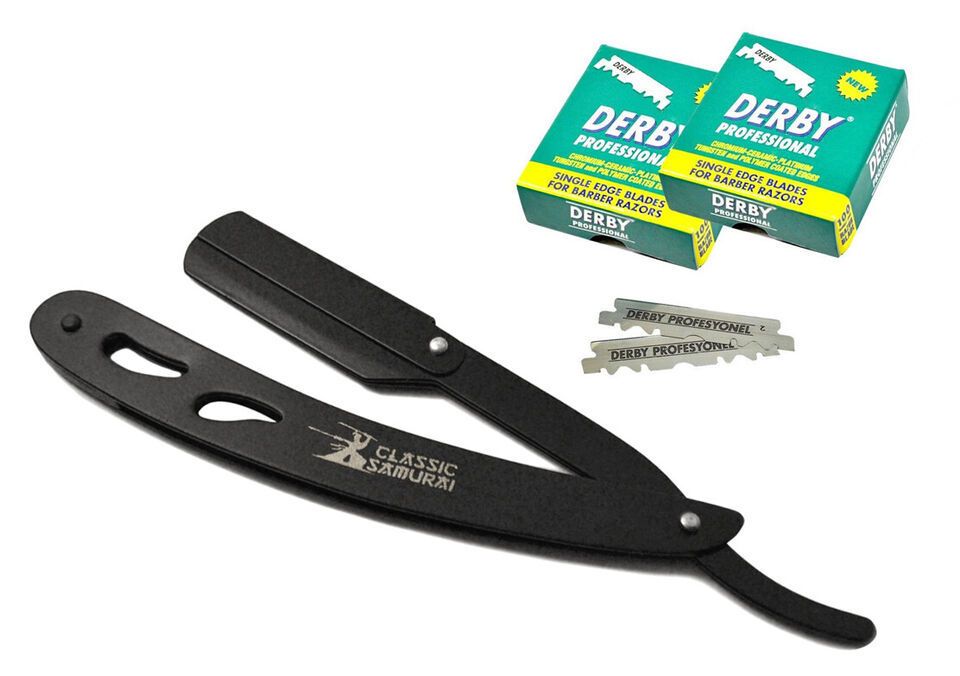 Classic Samurai Matte Black Folding Straight Razor + 200 Derby Single Bl... - $19.79