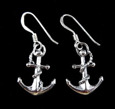 Handcrafted 925 Sterling Silver 3D Boat Anchor &amp; Rope Drop/Dangle Hook EARRINGS - £12.44 GBP