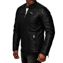 Men&#39;s Black Leather Jacket Cafe Racer Motorcycle Biker Genuine Sheep Leather - £86.33 GBP+