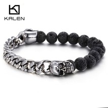 Lava Beads Bracelet Men Punk Stainless Steel Gols Black Skull Charm Strand Wrist - £16.76 GBP