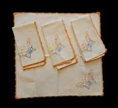 Vintage Set of 4 Hand Embroidered/Crocheted Edge Orange White Butterfly ... - $27.38