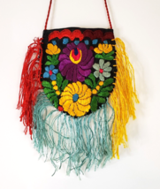 Embroidered Bag Pouch Polychrome Silk Thread Fringed Hand Embroidery Colorful - £14.70 GBP