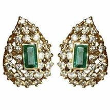 18K Yellow Gold Over Emerald Diamond Domed Leaf Lacy Openwork Earrings Vintage - £91.75 GBP