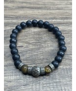 Handmade Floral Black Beaded Bracelet Elastic Band KG JD - $7.91