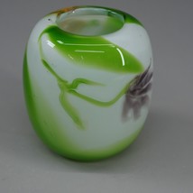 Signed Studio Art Glass Vase Heavyweight Purple &amp; Gold Flower Green Whit... - £37.48 GBP