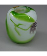 Signed Studio Art Glass Vase Heavyweight Purple &amp; Gold Flower Green Whit... - $52.50 CAD