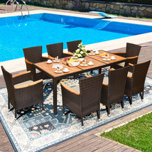 9 PCS Patio Rattan Dining Set 8 Chairs Cushioned Acacia Table Top Outdoor Beige - £705.60 GBP