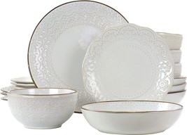 Elama Countess 16 Piece Embossed Double Bowl Stoneware Dinnerware Set in Ivory - £81.69 GBP
