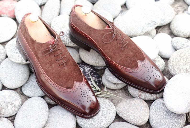 Handmade Men Brown Leather Suede Wing Tip Brogue Shoes, Men Dress Lace Up Shoes
