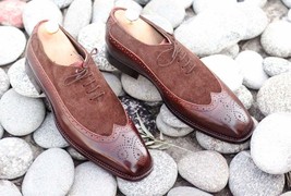 Handmade Men Brown Leather Suede Wing Tip Brogue Shoes, Men Dress Lace Up Shoes - £115.89 GBP