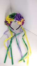 Floral Adult Headband Purple Green Yellow Ribbons Flowers Headpiece - $7.61