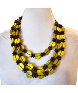 Ethnic Tribal Wood Necklace 3 Strand Yellow Brown 26&quot; Boho Statement - £13.36 GBP