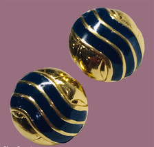 Nina Ricci Vintage Gold Tone Navy Blue Enamel Pierced + Clip On Earrings - £43.96 GBP