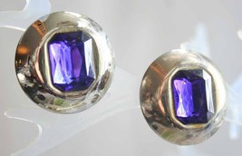 Fabulous Art Moderne Purple Rhinestone Silver-tone Clip Earrings 1980s vintage - £9.71 GBP