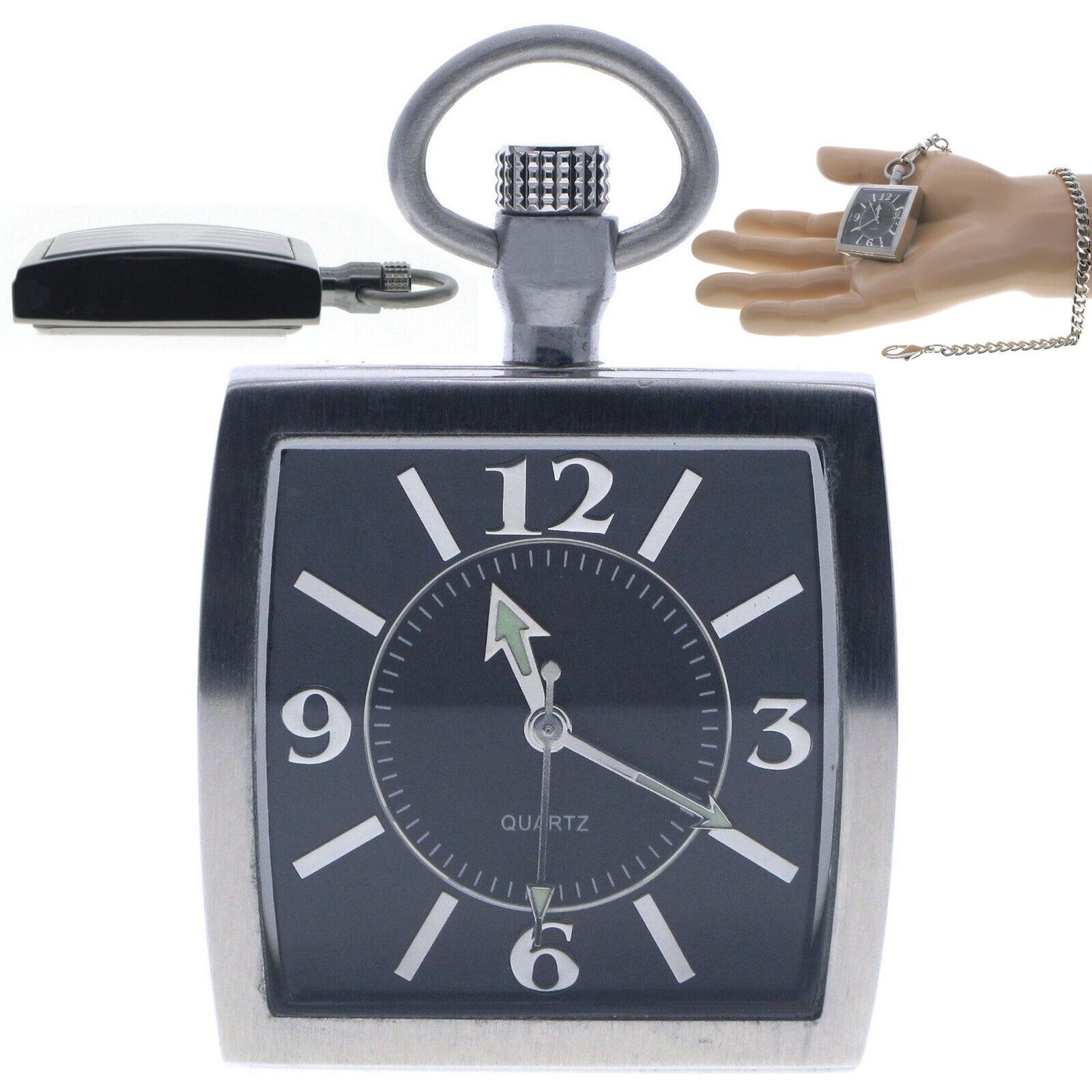 Pocket Watch SQUARE Solid Stainless Steel Case Curve Mineral Len Fob Chain P255
