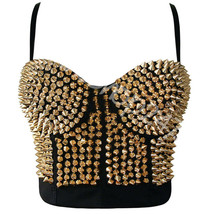 New Women Sexy Silver Golden Spiked Studded Strapless Black Leather Bustier Bra - £240.54 GBP