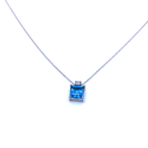Women&#39;s Cable Necklace 18k White Gold Natural Square Blue Topaz Asscher Diamond - £455.50 GBP