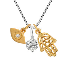 Spiritual Gold Hamsa Hand w Evil Eye Cubic Zirconia Ball Charm Necklace - £21.70 GBP