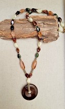 Boho Earth Tones Acrylic Variegated Beaded Long Necklace Pendant Vintage... - $12.59
