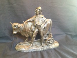 antique large Samac alloy metal figurine : man with water buffalo - $159.00