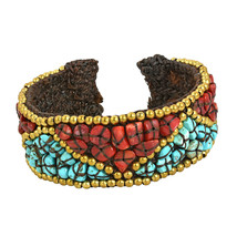 Tribal-Chic Red and Blue Stone Triangle Pattern with Brass Cuff Bracelet - £13.28 GBP
