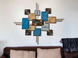 Medium Lake Blue and Brown Square wood and Metal Wall Sculpture 43x36 by Art69 - £200.95 GBP