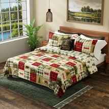 Donna Sharp Cedar Lodge Quilted King 3-Piece Set Lodge Cabin Bear Red &amp; ... - £73.28 GBP