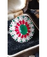 Vintage 1990-s Emerald and Ruby 925 Sterling Silver Ring Size UK O.5,US ... - $3,161.51 MXN