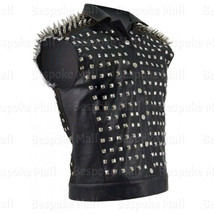 New Men&#39;s Black Silver Spiked Studded Punk Rock Cowhide Biker Leather Vest-698 - £229.13 GBP