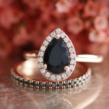 18K Rose Gold Finish 3Ct Pear Cut Simulated Black Diamond Bridal Engagement Ring - £73.52 GBP