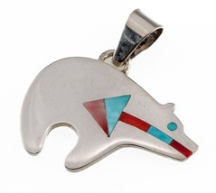 Rudell and Nancy Laconsello ZUNI Bear w/ Turquoise &amp; Coral Inlay Pendant - $345.51