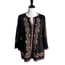 J. Jill Tunic Top Women Size MP Embroidered Bell Sleeve Black BOHO Split... - £16.34 GBP