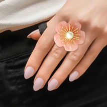 Fashion Marbled Pink Acrylic Flower Pearl Center Gold Plated Adjustable Ring - £27.41 GBP