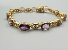 10Ct Oval Cut Simulated Amethyst Tennis Bracelet 14K Yellow Gold Plated Silver - £184.71 GBP