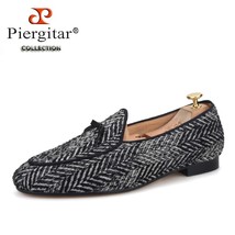 handmade grey black knitted fabric men loafers with leather tie classic men&#39;s sm - £202.90 GBP